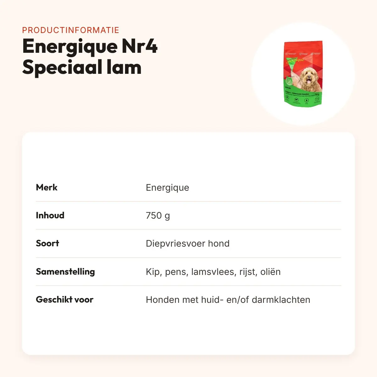 Energique Nr4 Speciaal hondenvoer 750 g – lam, bij huid- en darmklachten – productinformatie