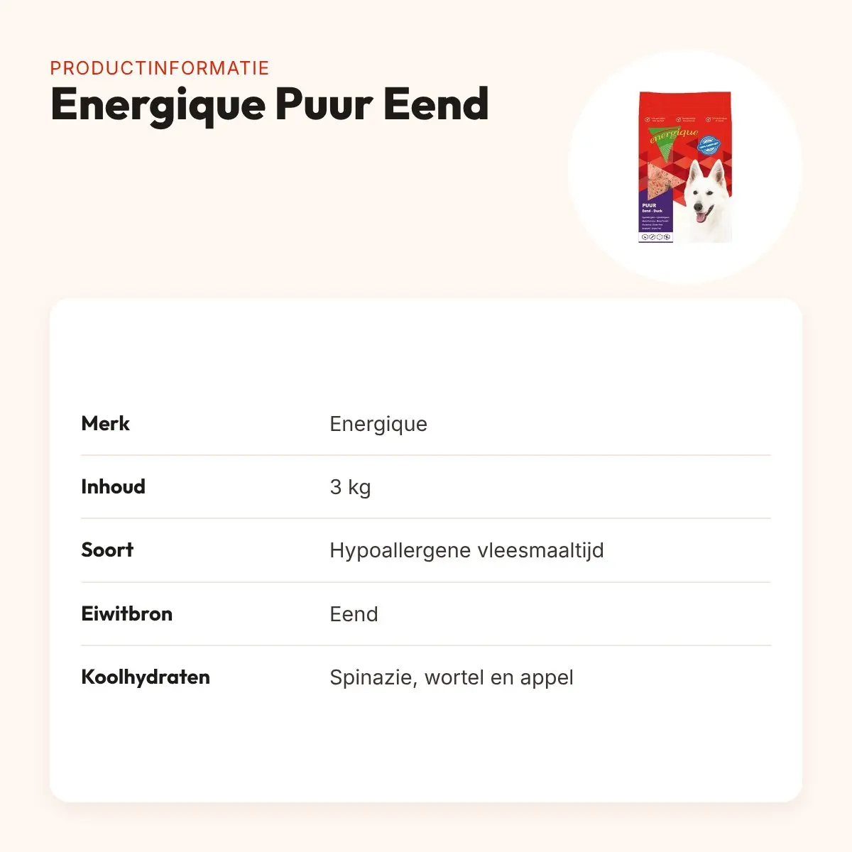 Energique Puur Eend hondenvoer 3 kg – hypoallergene vleesmaaltijd – productinformatie