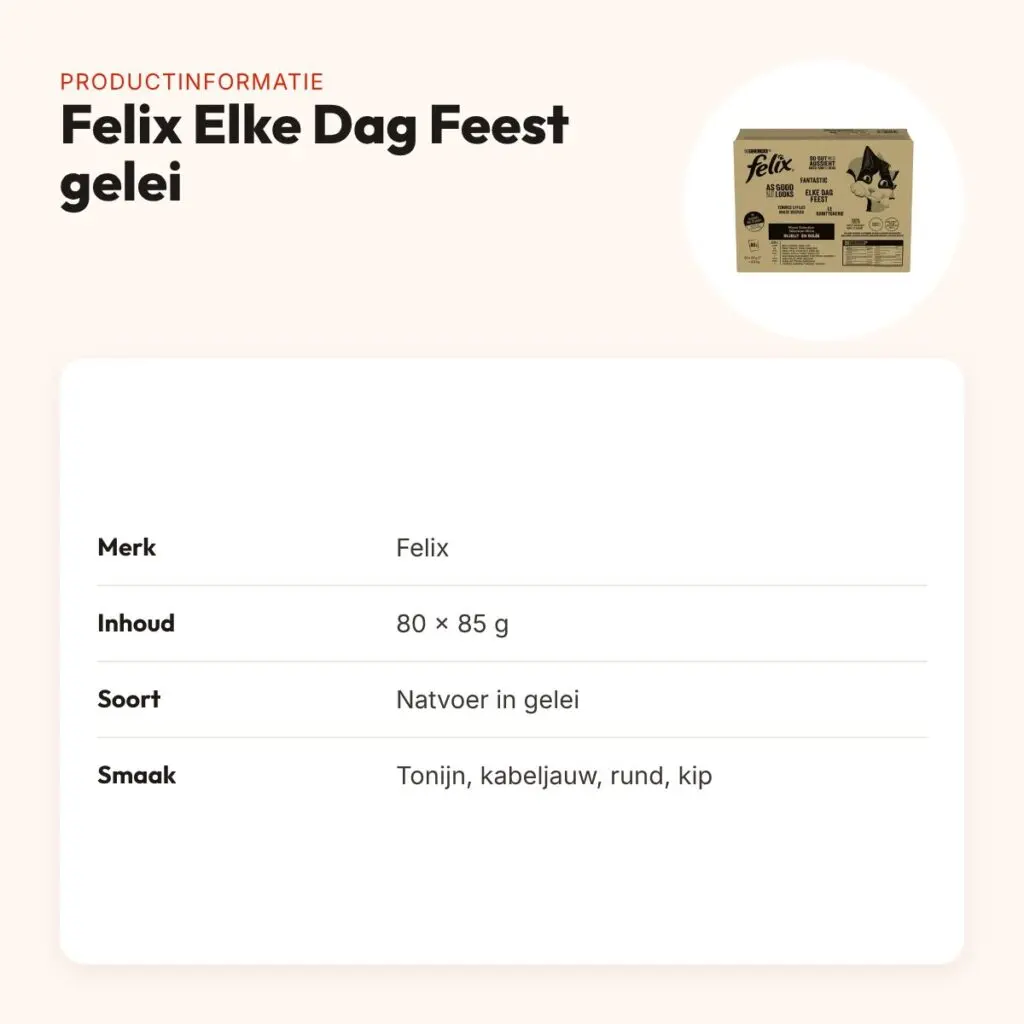 Felix kattenvoer Elke Dag Feest gelei 80 x 85 g – tonijn, kabeljauw, rund – productinformatie