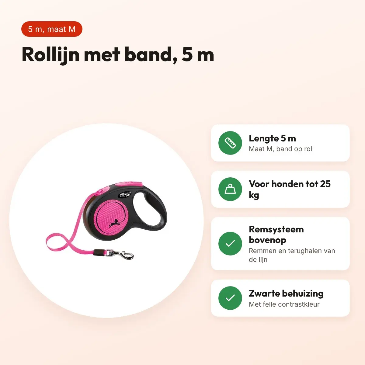 Flexi rollijn New Neon Tape zwart/roze M 5 m – tot 25 kg – voordelen
