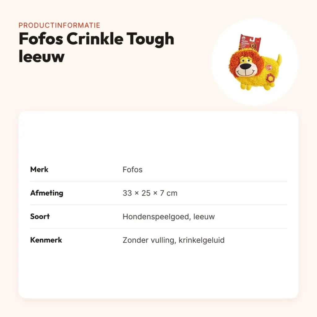 Fofos Crinkle Tough leeuw 33 cm – zonder vulling, met krinkelgeluid – productinformatie