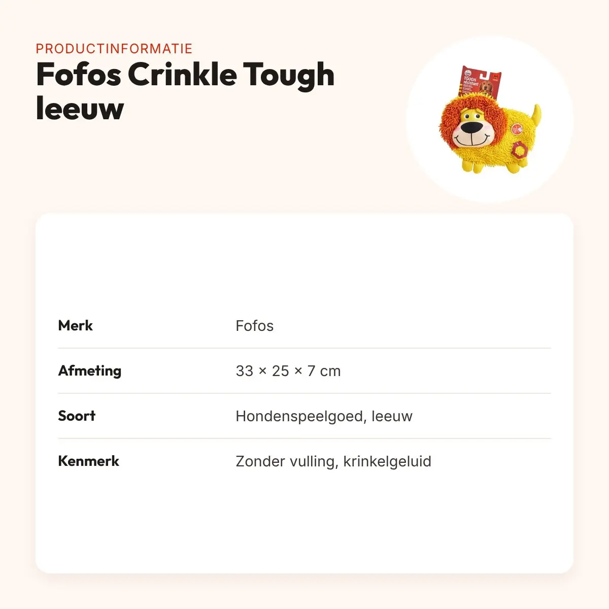 Fofos Crinkle Tough leeuw 33 cm – zonder vulling, met krinkelgeluid – productinformatie