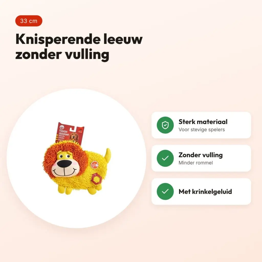 Fofos Crinkle Tough leeuw 33 cm – zonder vulling, met krinkelgeluid – voordelen