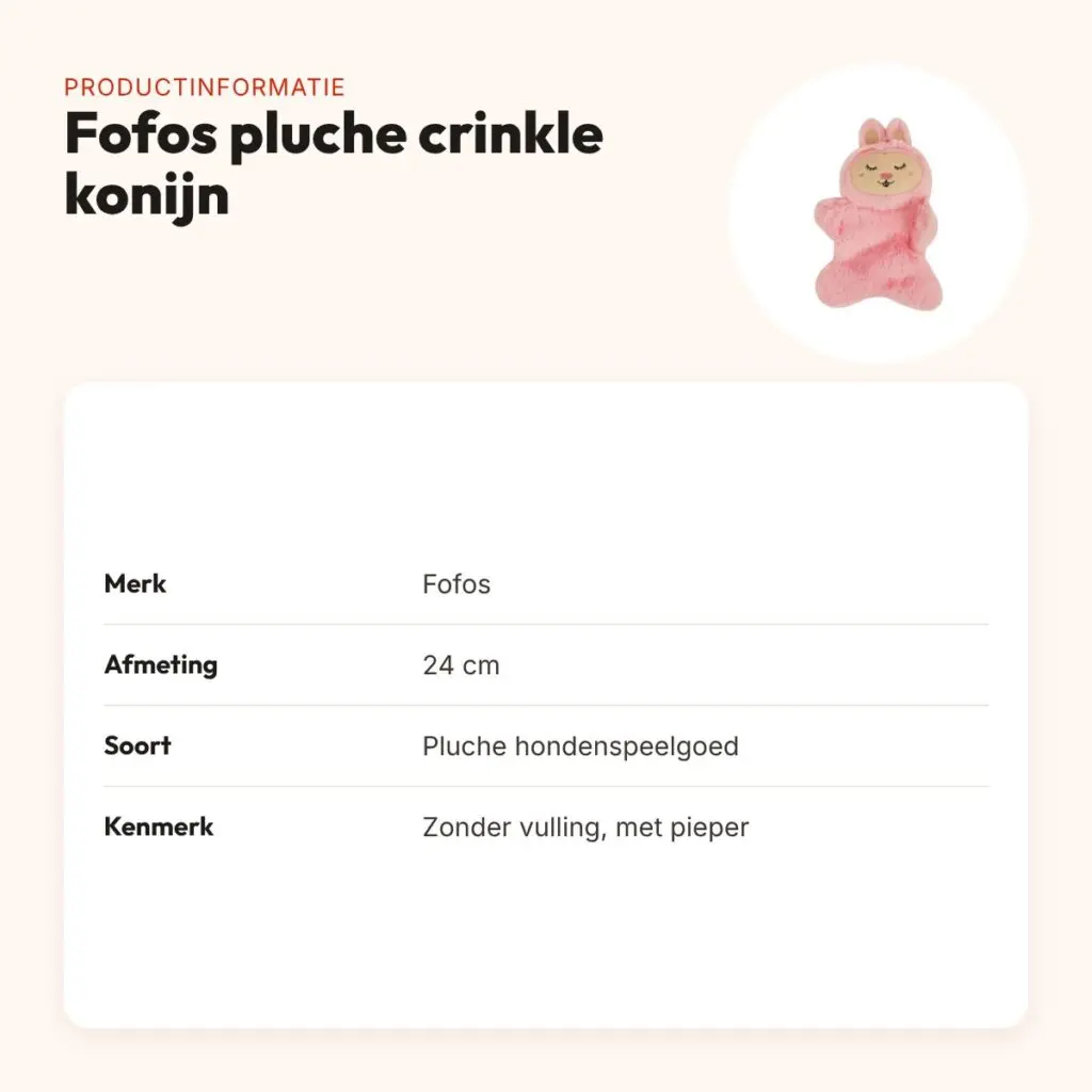 Fofos pluche crinkle konijn 24 cm – zonder vulling, met pieper – productinformatie