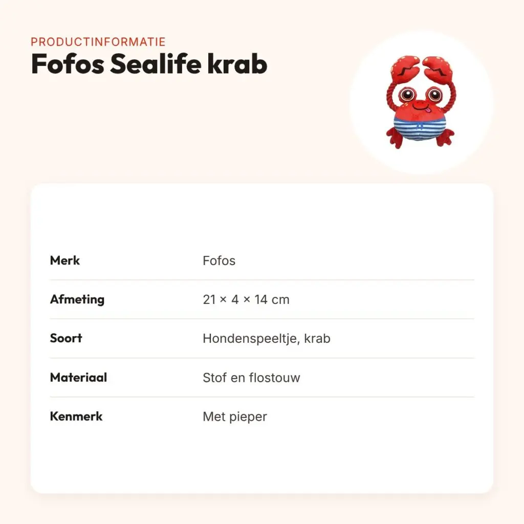 Fofos Sealife krab 21 x 4 x 14 cm – zachte stof met flostouw en pieper – productinformatie