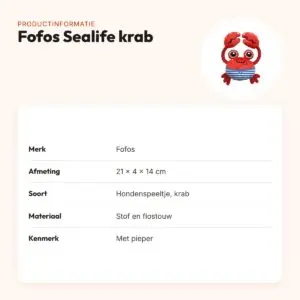 Fofos Sealife krab 21 x 4 x 14 cm – zachte stof met flostouw en pieper – productinformatie