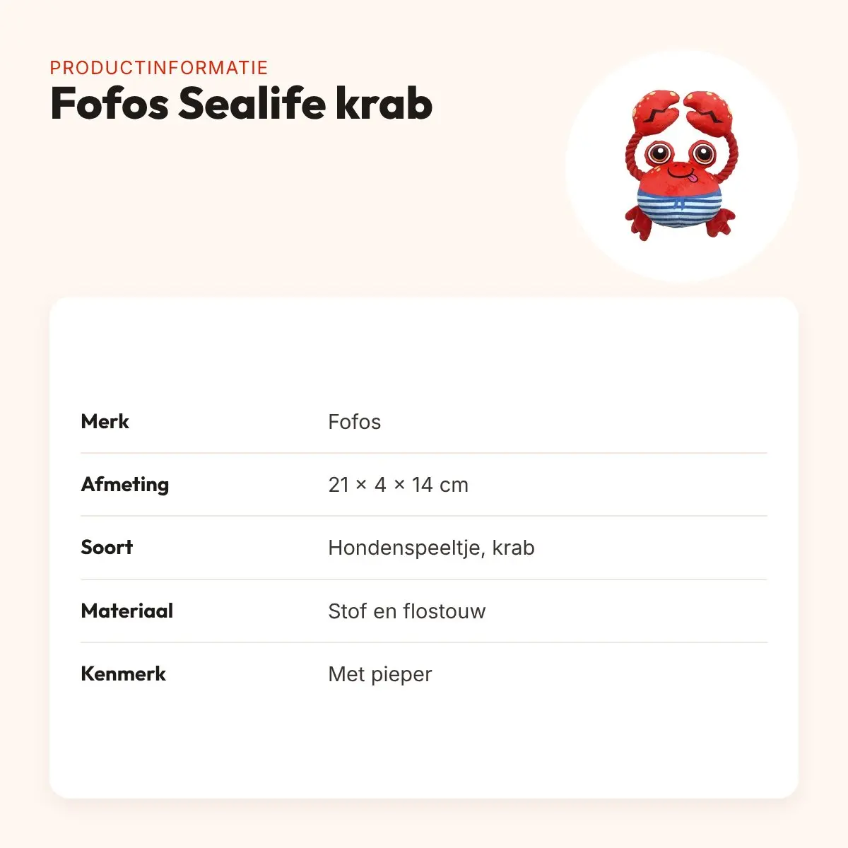 Fofos Sealife krab 21 x 4 x 14 cm – zachte stof met flostouw en pieper – productinformatie