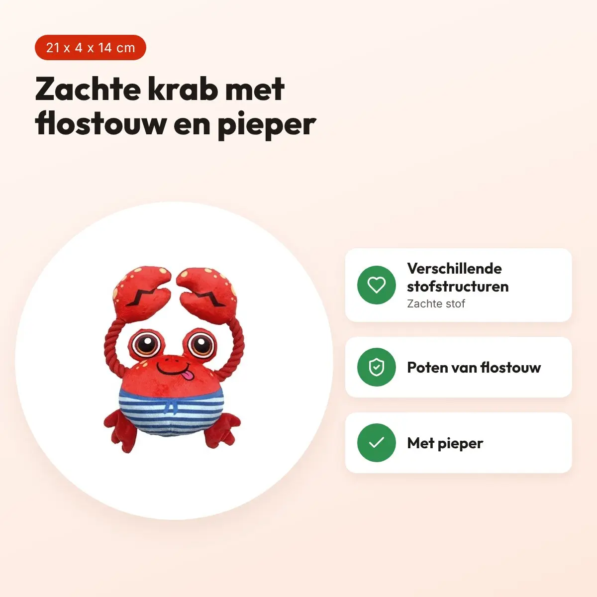 Fofos Sealife krab 21 x 4 x 14 cm – zachte stof met flostouw en pieper – voordelen