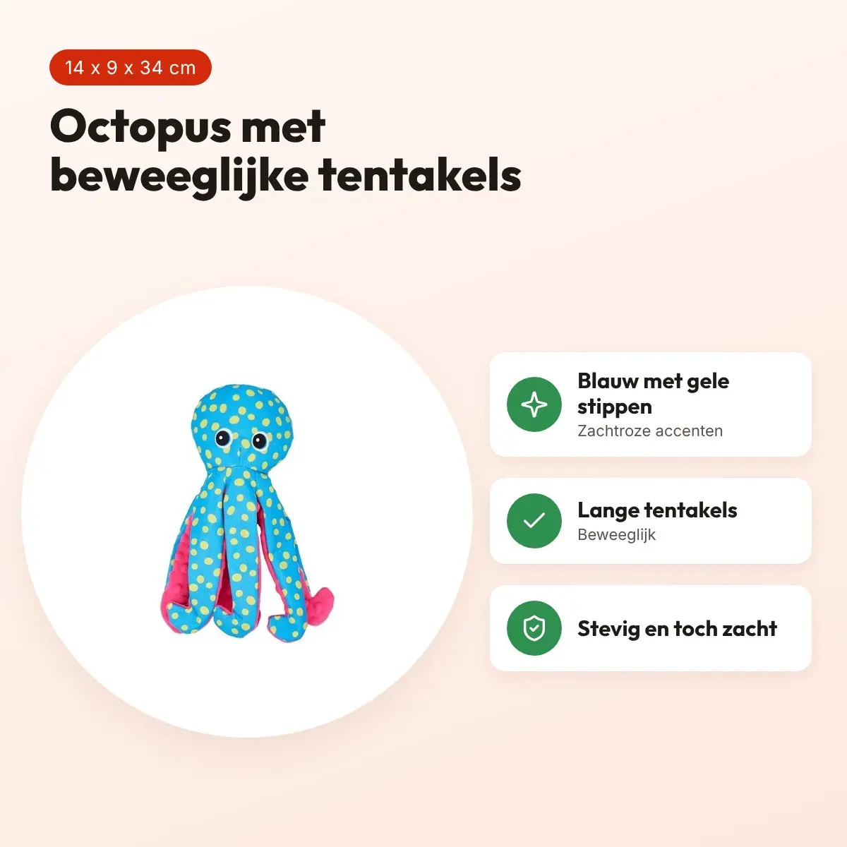 Fofos Sealife octopus 14 x 9 x 34 cm – blauw met gele stippen – voordelen