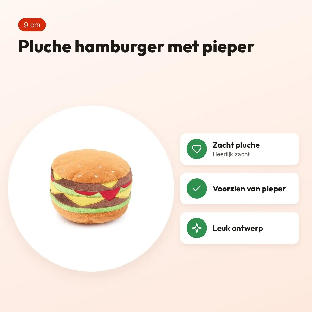 FuzzYard hamburger 9 cm – pluche hondenspeeltje met pieper – voordelen