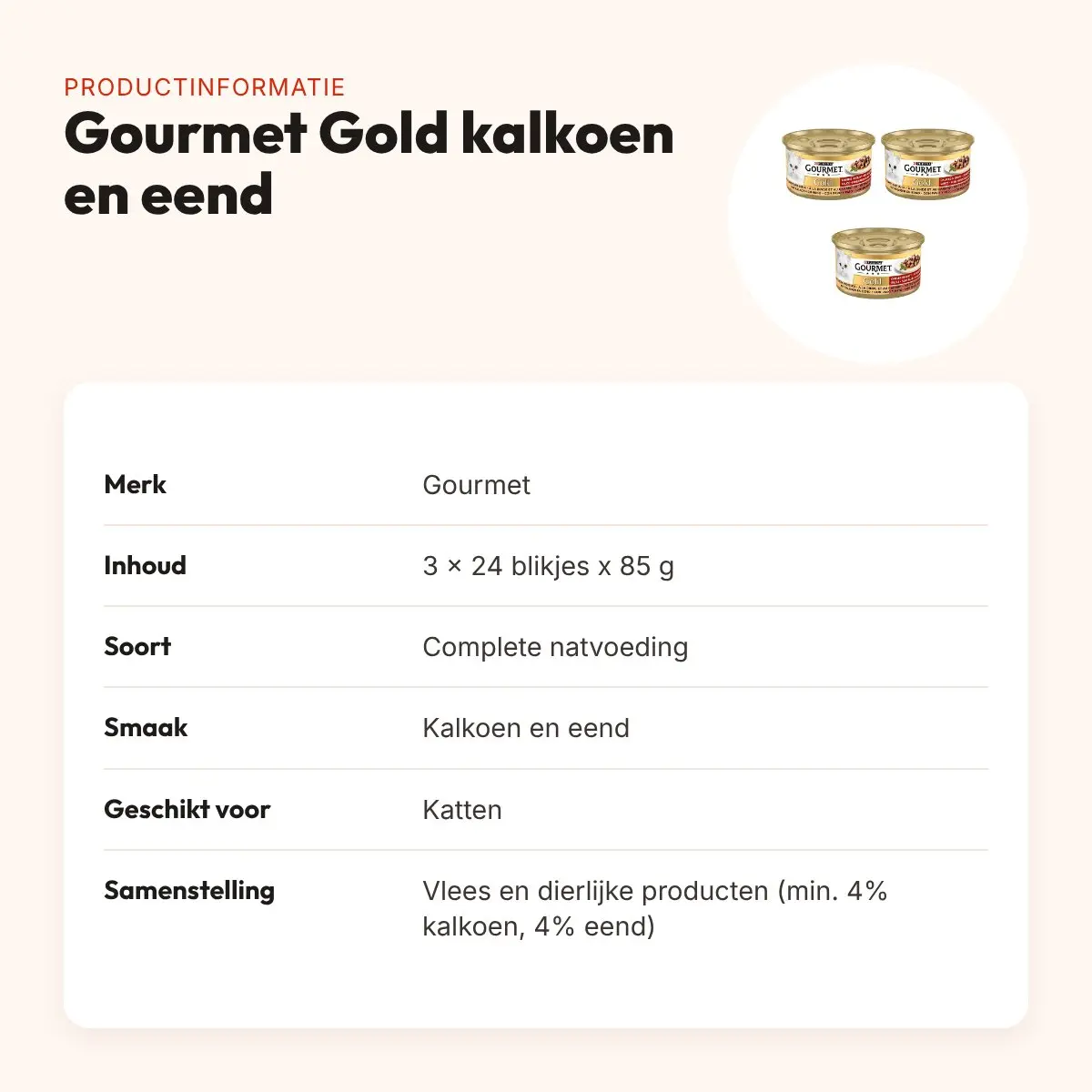 Gourmet Gold kattenvoer kalkoen en eend 85 g – multipack 3 x 24 stuks – productinformatie
