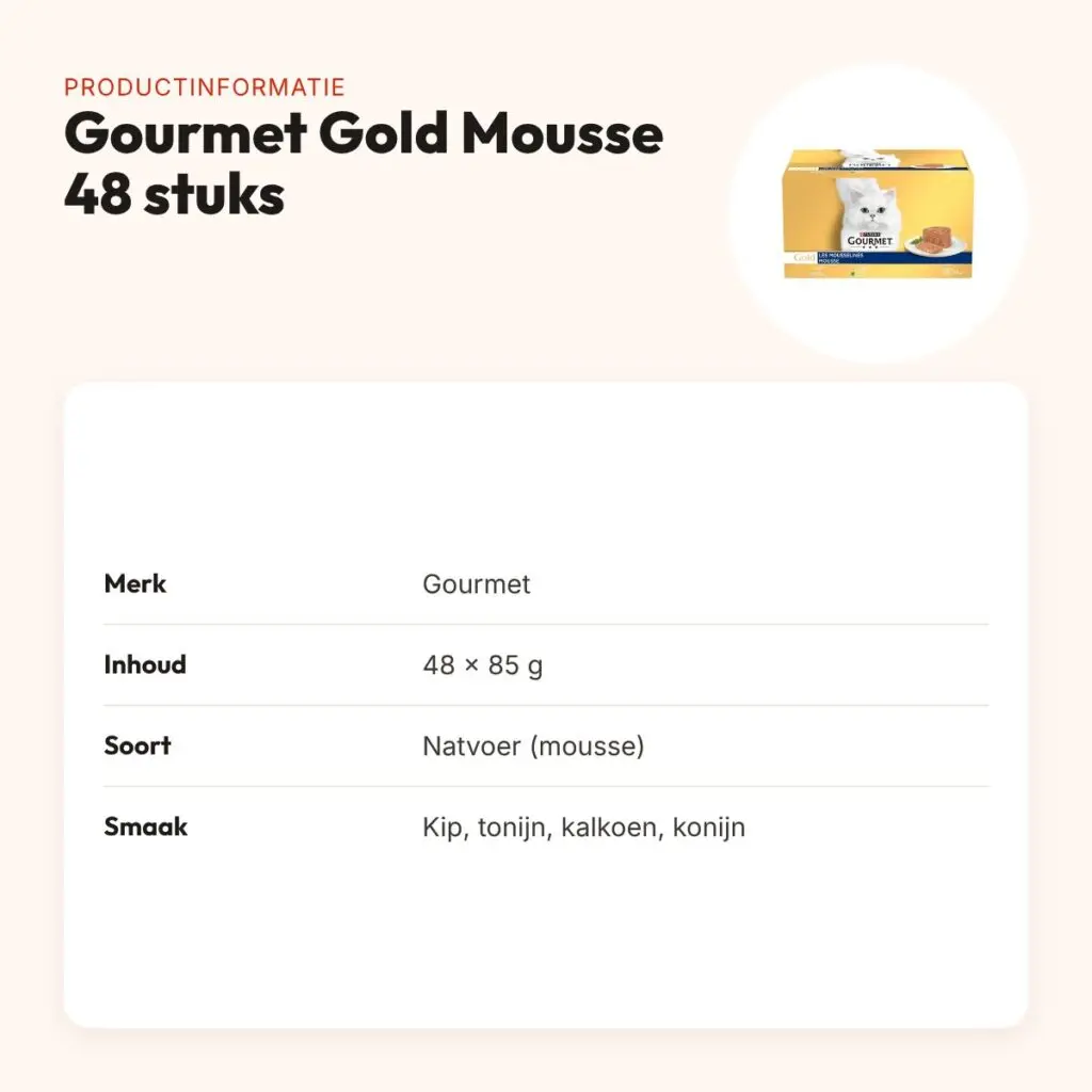 Gourmet Gold kattenvoer Mousse 48 x 85 g – kip, tonijn, kalkoen, konijn – productinformatie