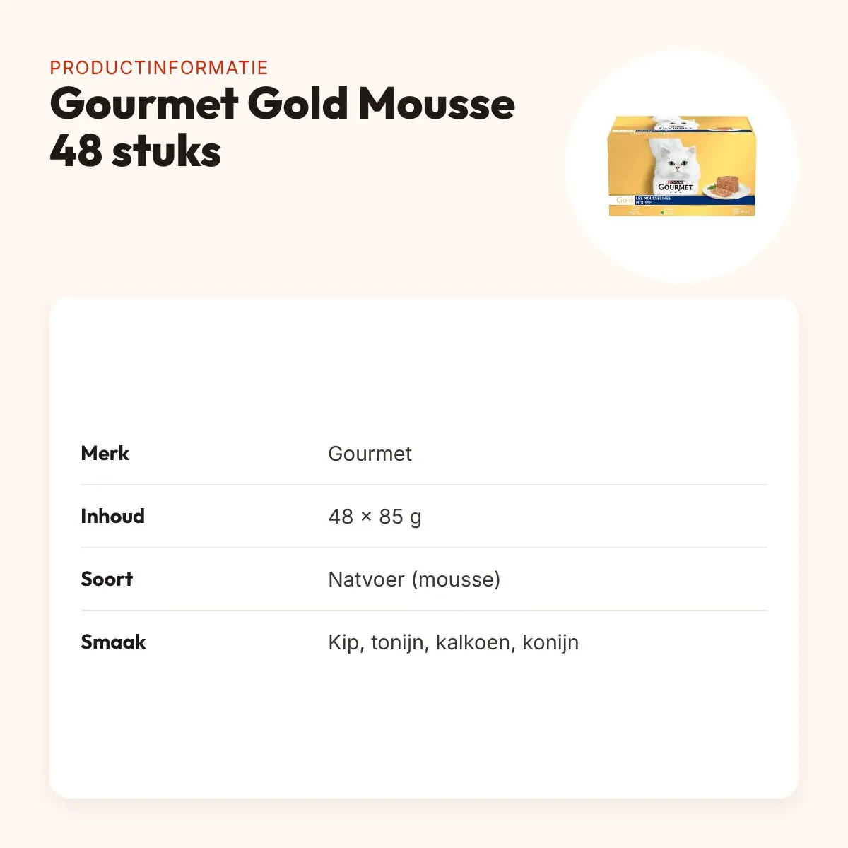 Gourmet Gold kattenvoer Mousse 48 x 85 g – kip, tonijn, kalkoen, konijn – productinformatie