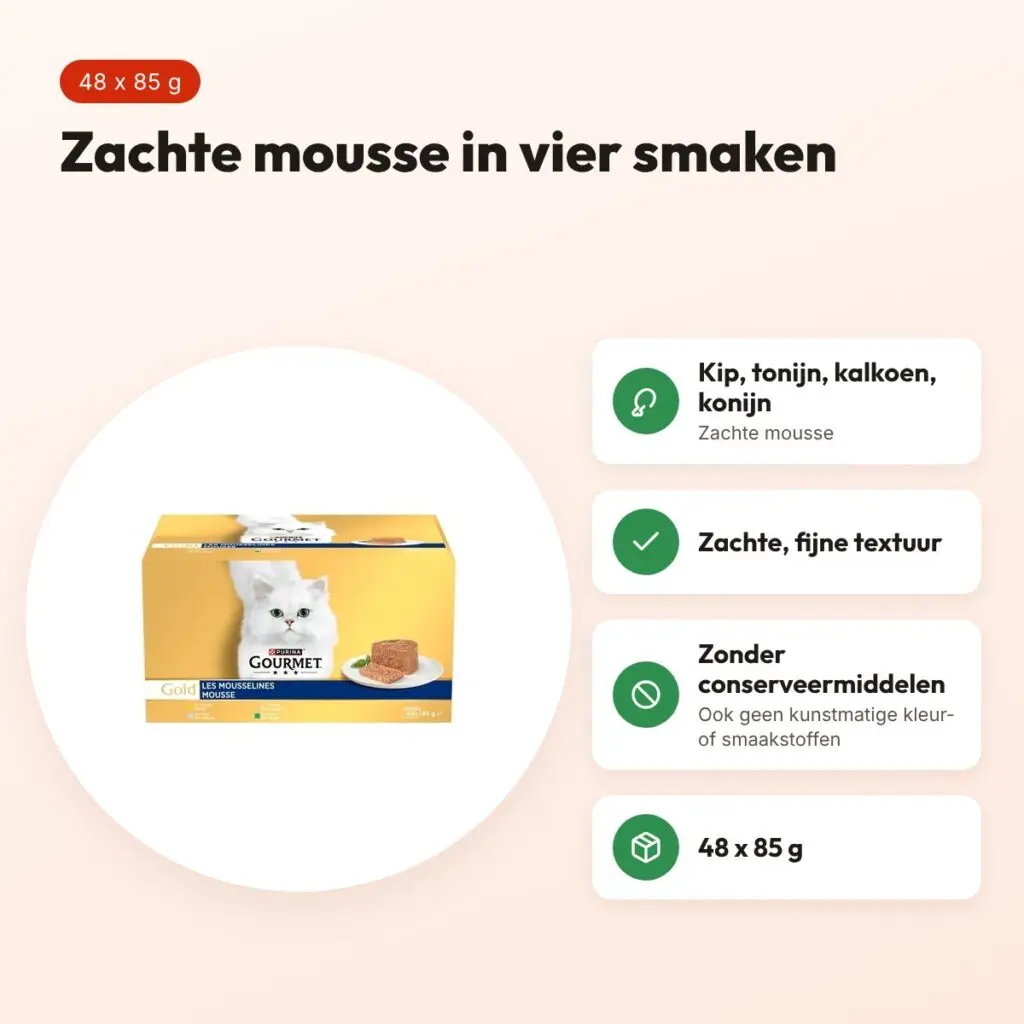 Gourmet Gold kattenvoer Mousse 48 x 85 g – kip, tonijn, kalkoen, konijn – voordelen