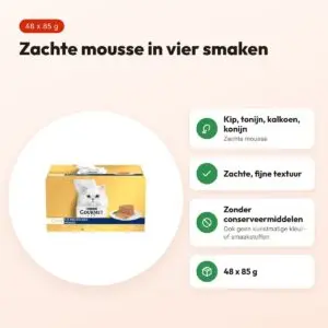 Gourmet Gold kattenvoer Mousse 48 x 85 g – kip, tonijn, kalkoen, konijn – voordelen