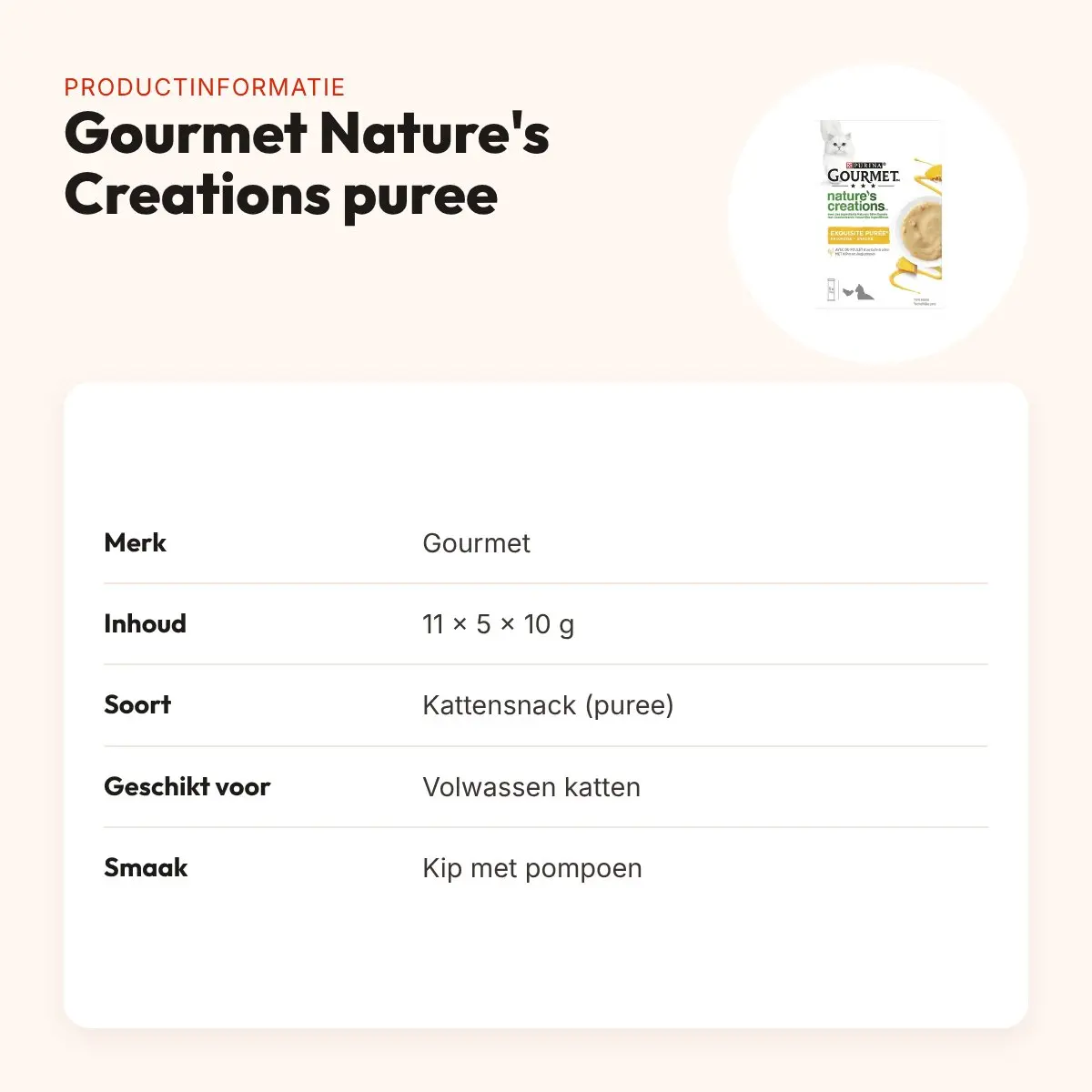 Gourmet Nature's Creations kattensnack puree kip 11 x 5 x 10 g – productinformatie