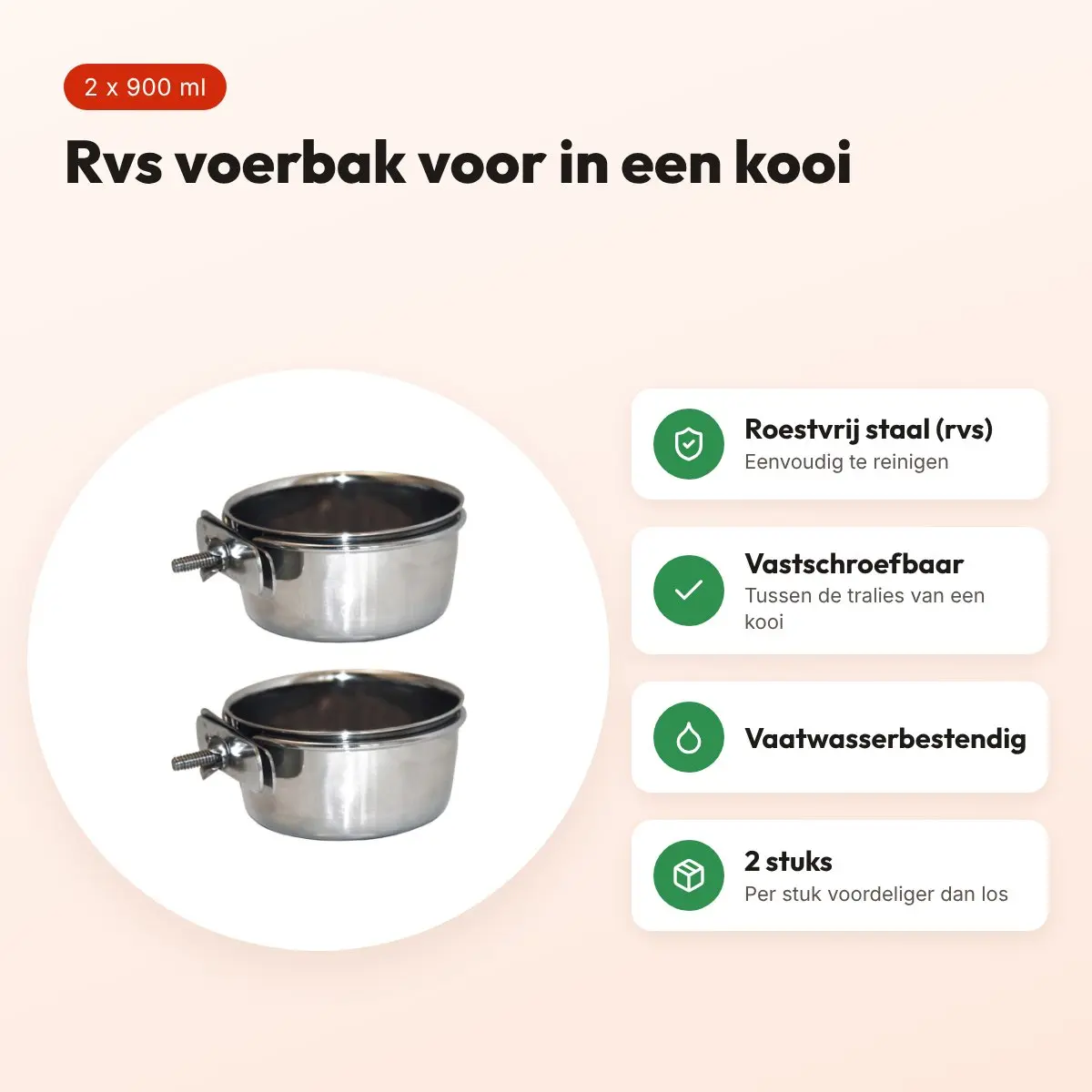 Happy Pet Bolt On voerbak rvs vastschroefbaar 900 ml – multipack 2 stuks – voordelen