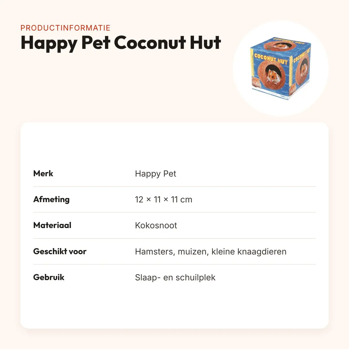 Happy Pet Coconut Hut 12 x 11 x 11 cm – kokosnoothuisje – productinformatie