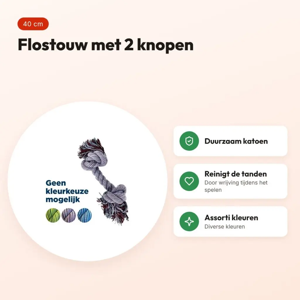 Happy Pet Flossin Fun 2 knoop flostouw L 40 cm – assorti kleuren – voordelen