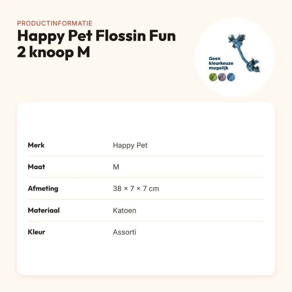 Happy Pet Flossin Fun 2 knoop flostouw M 38 cm – assorti kleuren – productinformatie