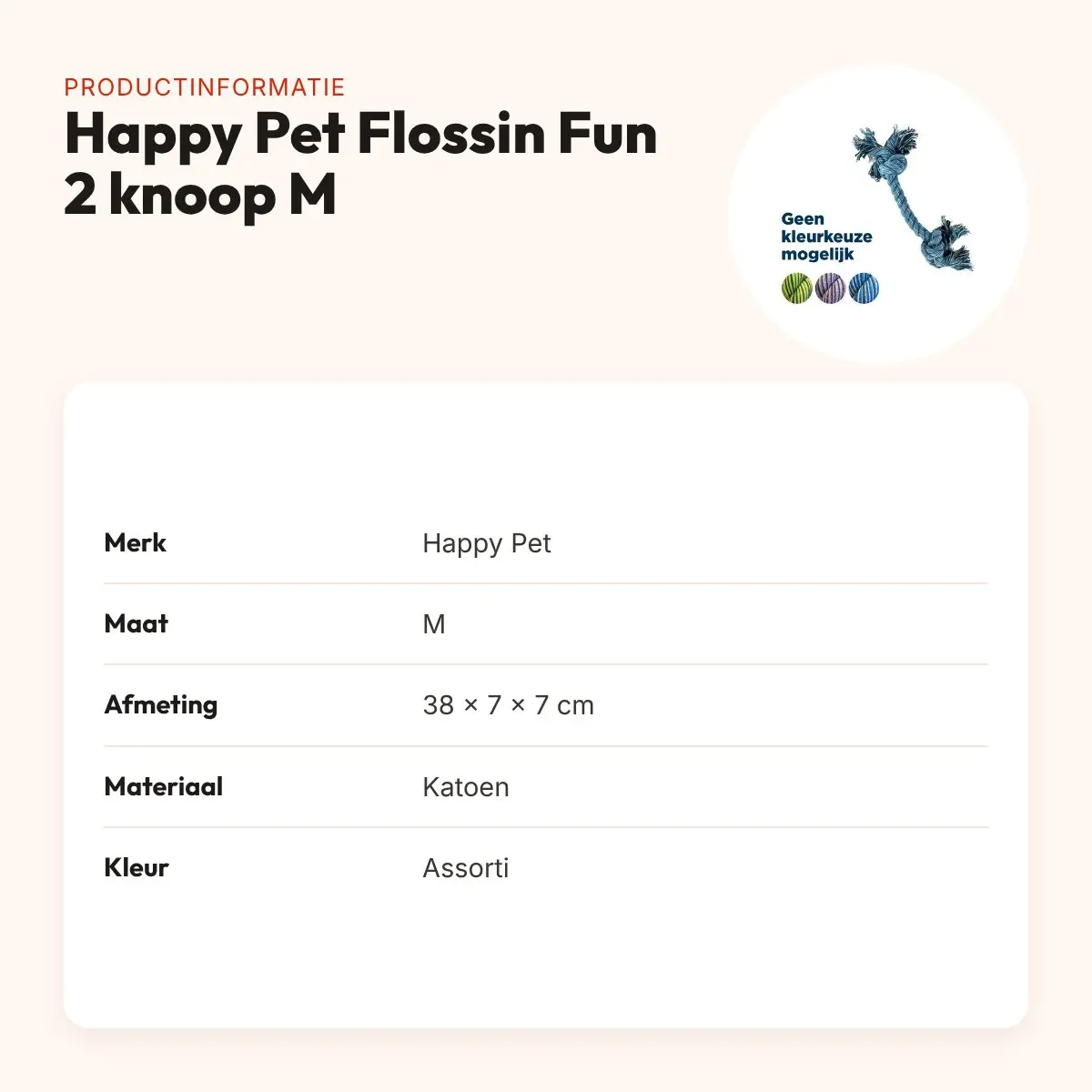 Happy Pet Flossin Fun 2 knoop flostouw M 38 cm – assorti kleuren – productinformatie