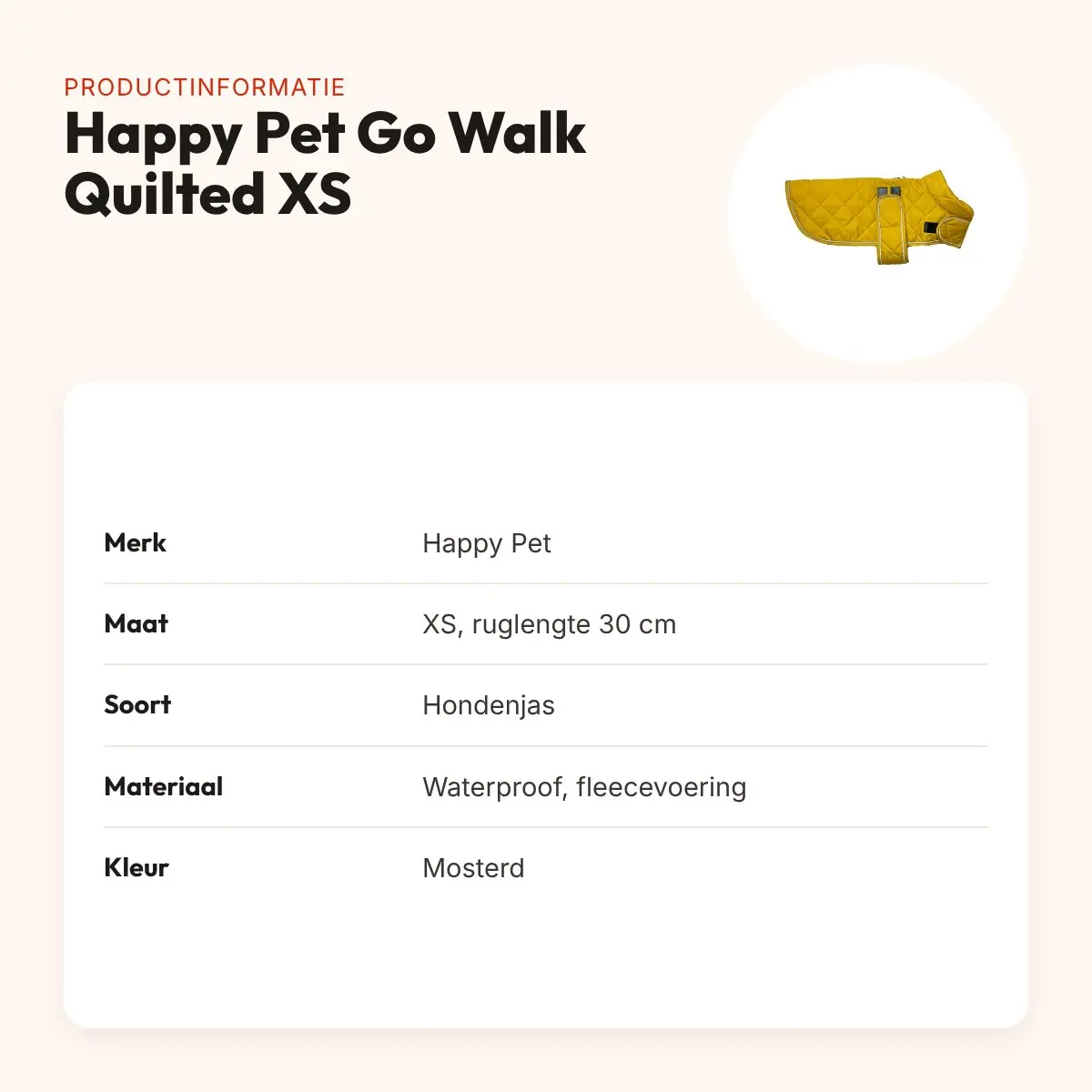 Happy Pet hondenjas Go Walk Quilted Classic mosterd XS 30 cm – productinformatie