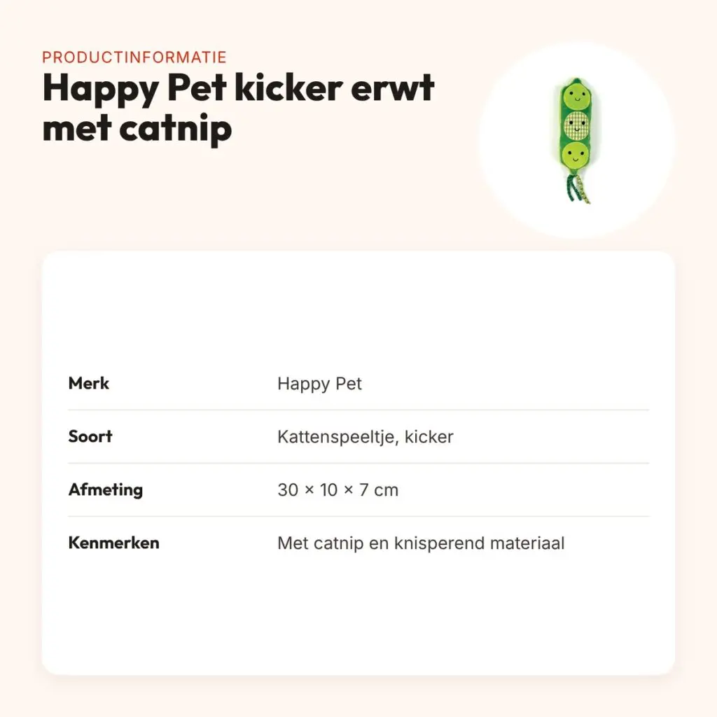Happy Pet kicker erwt met catnip 30 x 10 x 7 cm – kattenspeeltje – productinformatie