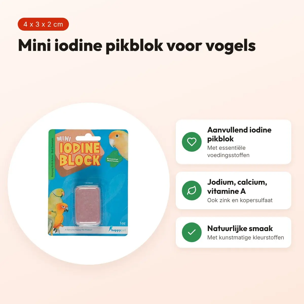Happy Pet mini iodine pikblok 4 x 3 x 2 cm – voor vogels – voordelen