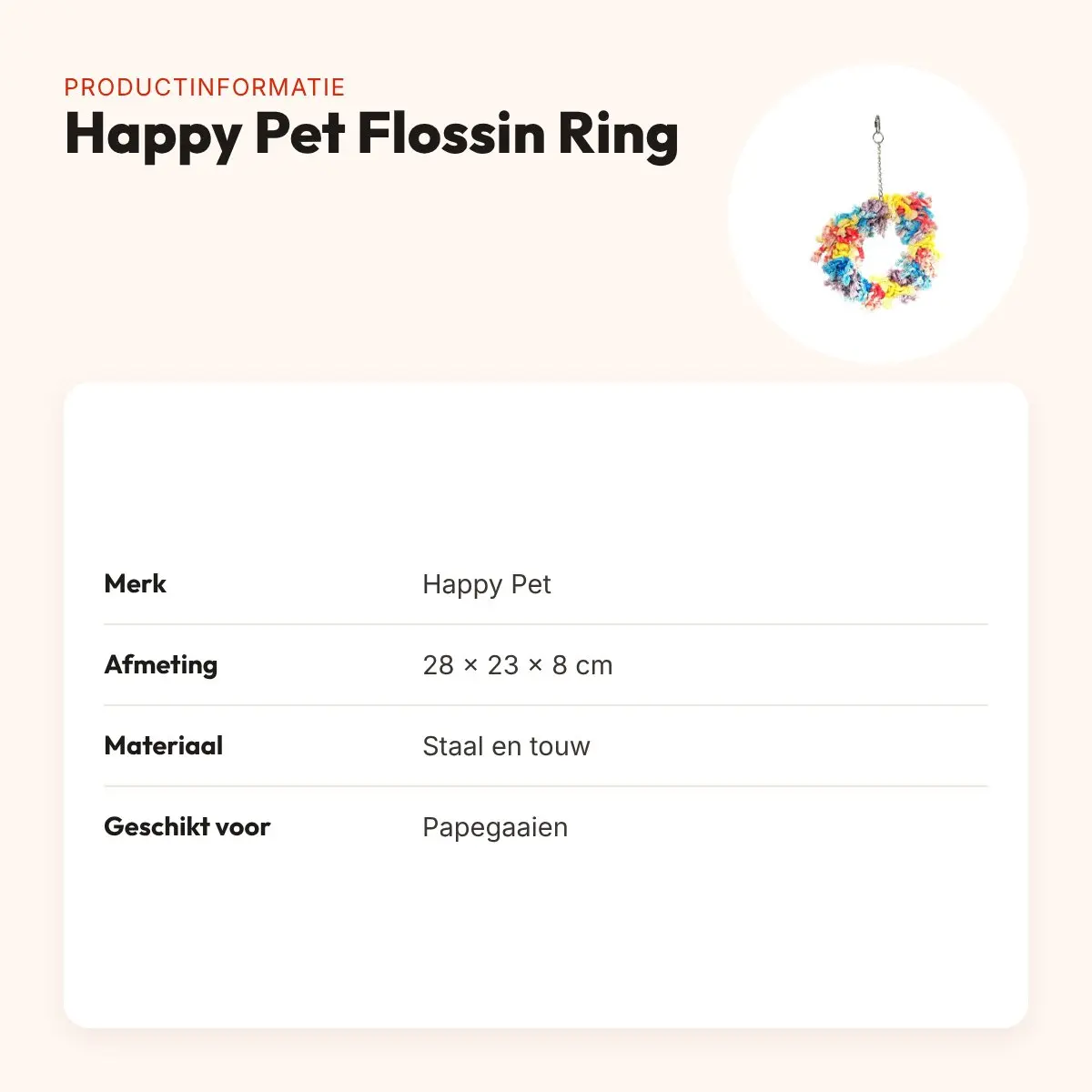 Happy Pet papegaaienspeelgoed Flossin Ring 28 x 23 x 8 cm – staal en touw – productinformatie