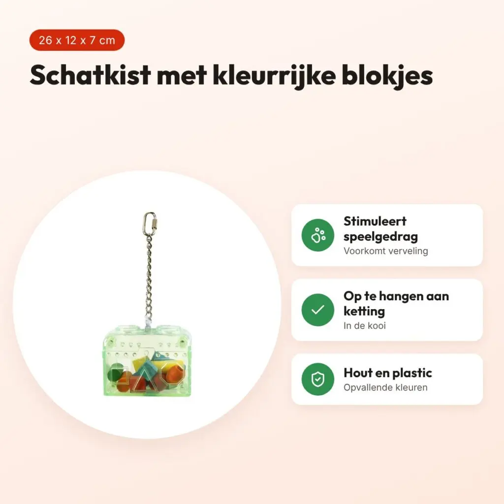 Happy Pet papegaaienspeelgoed Schatkist 26 x 12 x 7 cm – hout en plastic – voordelen