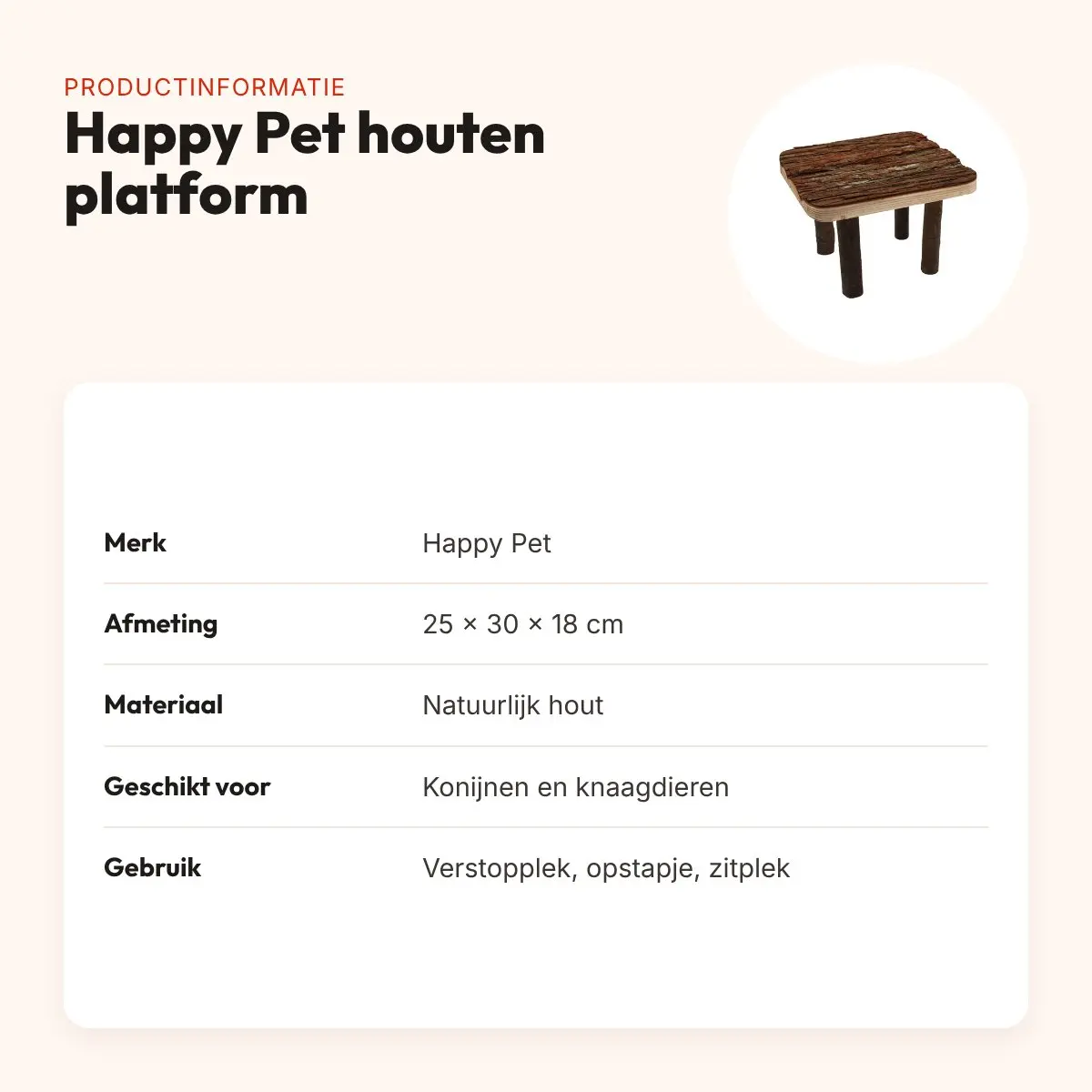 Happy Pet Raw Wooden Platform 25 x 30 x 18 cm – houten plateau met poten – productinformatie