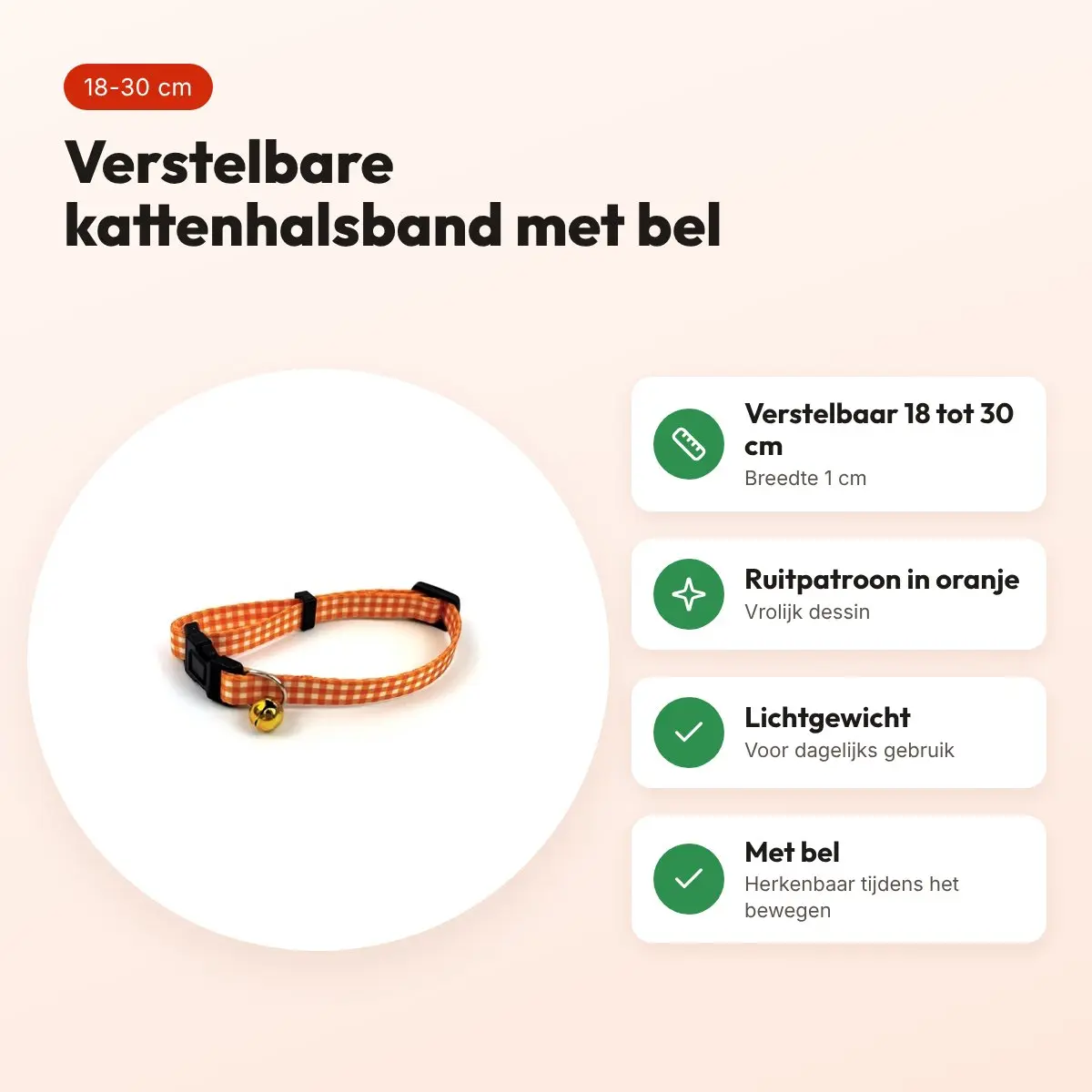 Happy Pet Tabby Patch kattenhalsband ruit oranje 18-30 cm – met bel – voordelen