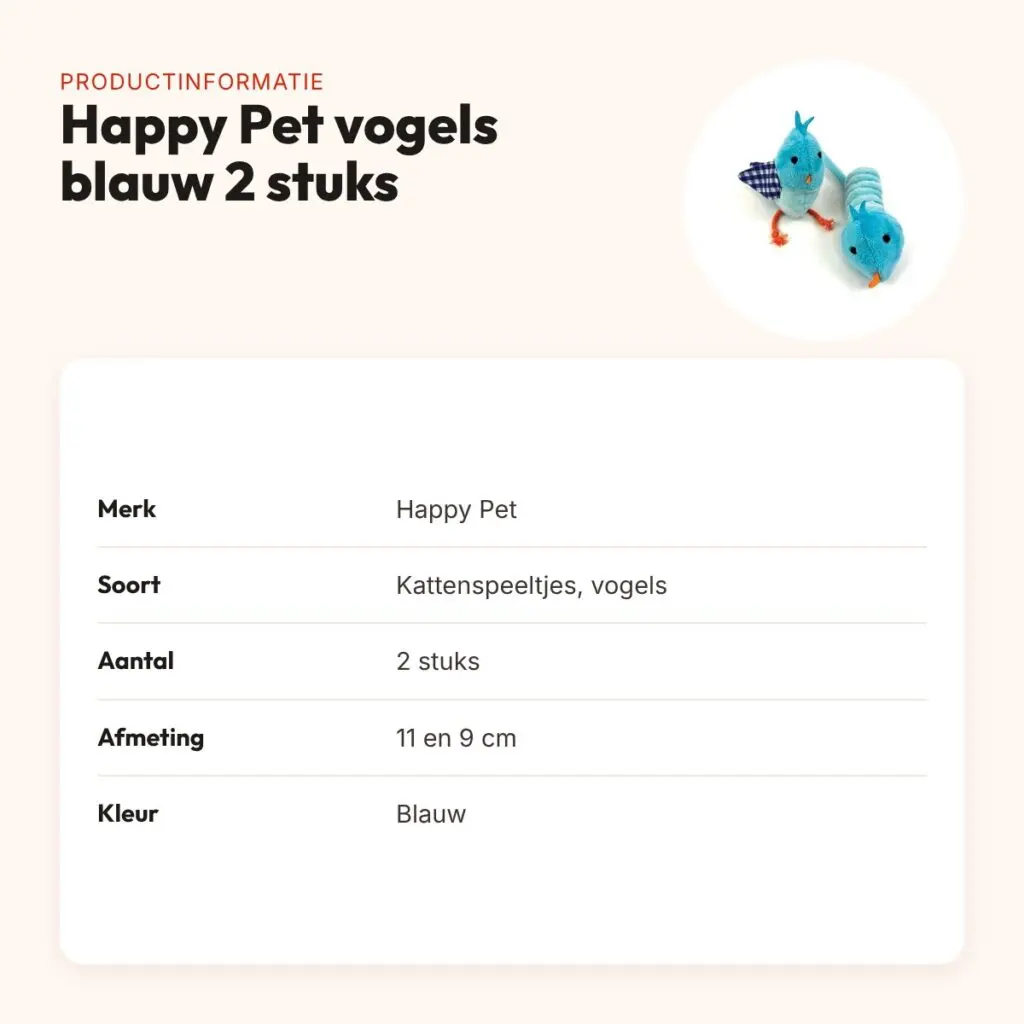 Happy Pet Tabby Patch kattenspeelgoed vogel blauw 11 en 9 cm – set van 2 – productinformatie