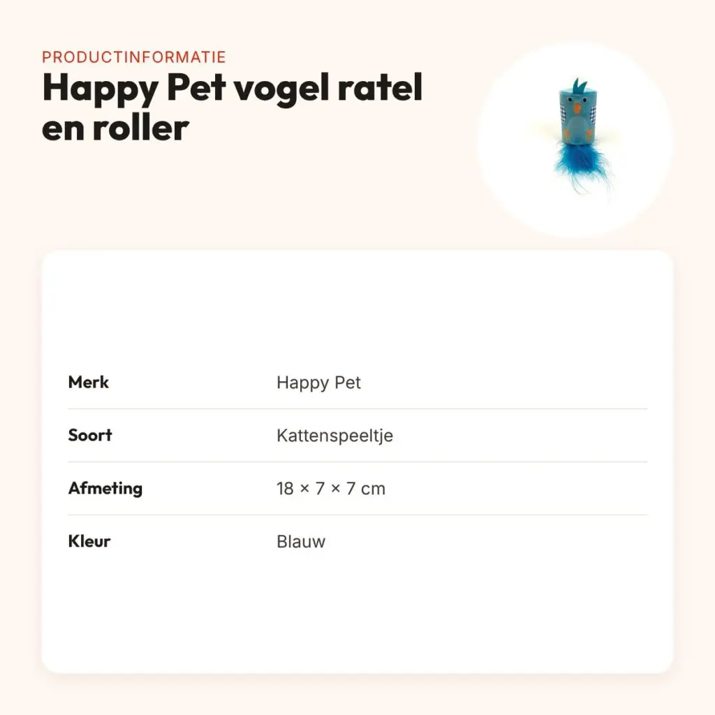Happy Pet Tabby Patch vogel met ratel en roller blauw 18 x 7 x 7 cm – productinformatie