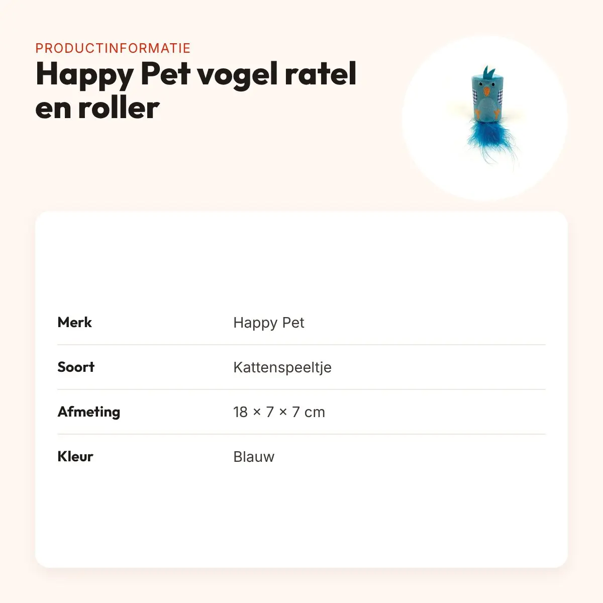 Happy Pet Tabby Patch vogel met ratel en roller blauw 18 x 7 x 7 cm – productinformatie
