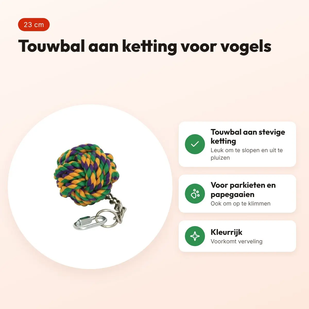 Happy Pet touwbal aan ketting voor vogels 23 cm – kleurrijk – voordelen