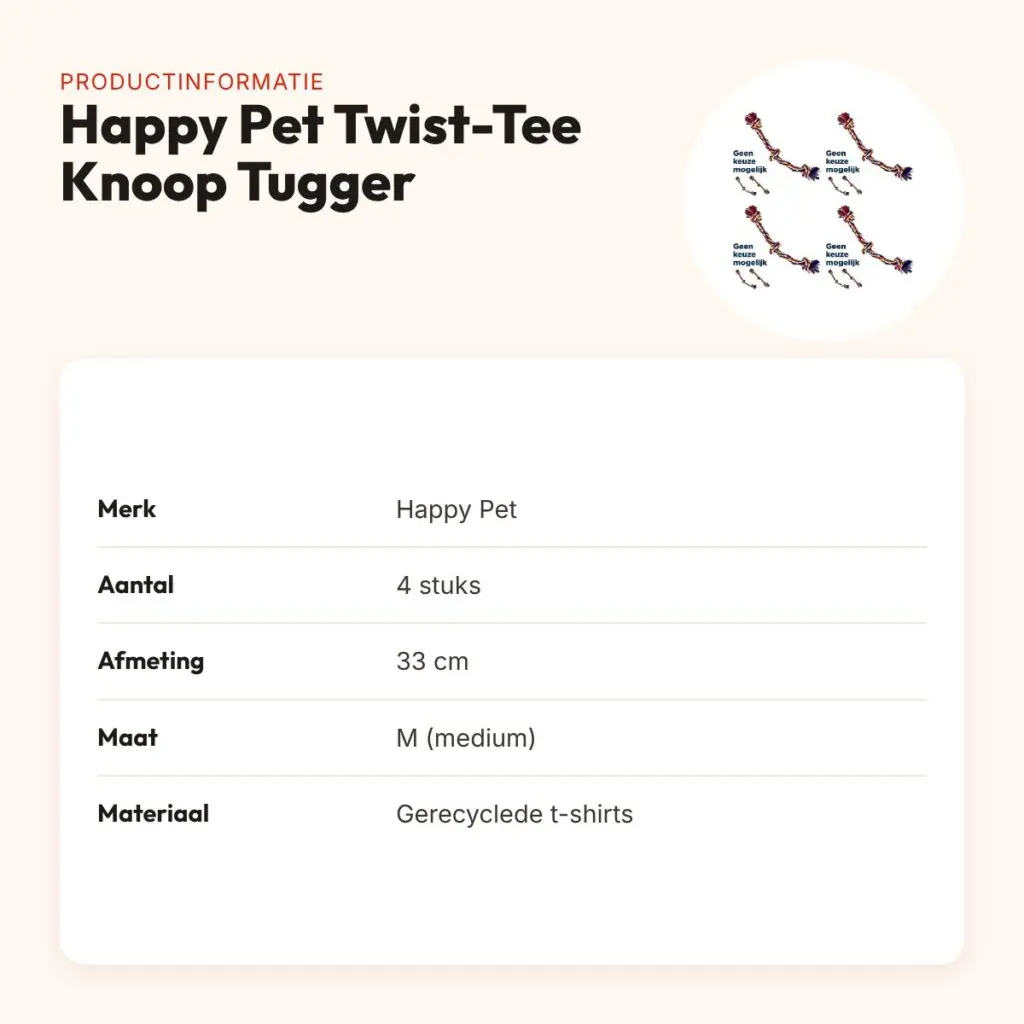 Happy Pet Twist-Tee Knoop Tugger M speelgoed 33 cm – multipack 4 stuks – productinformatie