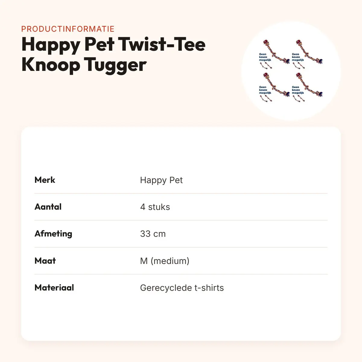 Happy Pet Twist-Tee Knoop Tugger M speelgoed 33 cm – multipack 4 stuks – productinformatie