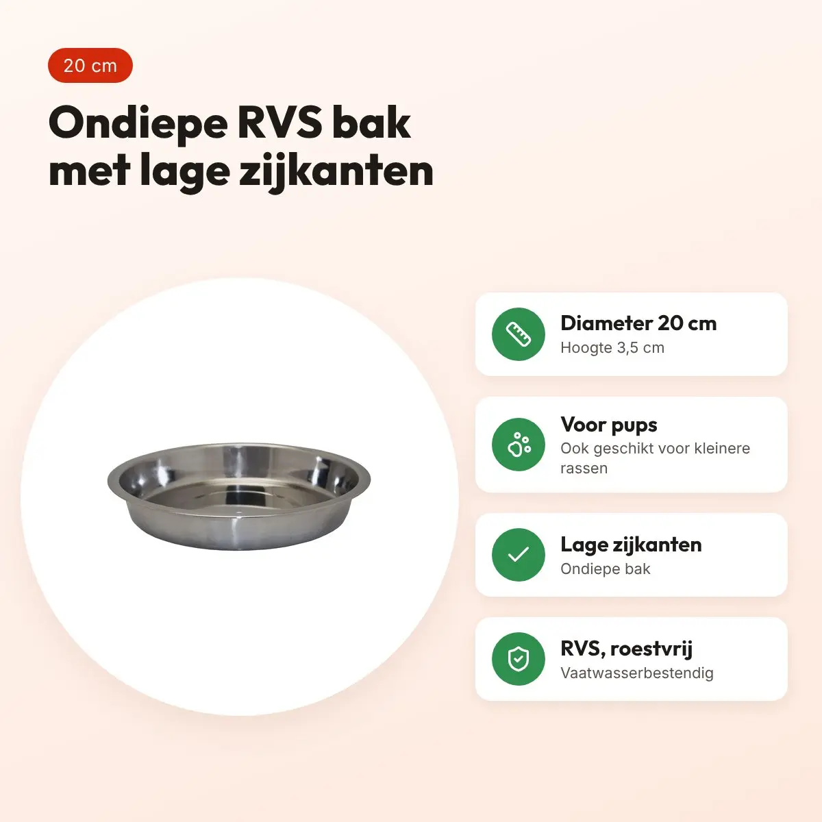 Happy Pet voerbak Puppy RVS ondiep 20 cm – lage rand – voordelen