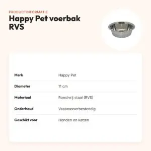 Happy Pet voerbak RVS 11 cm – voor hond en kat – productinformatie