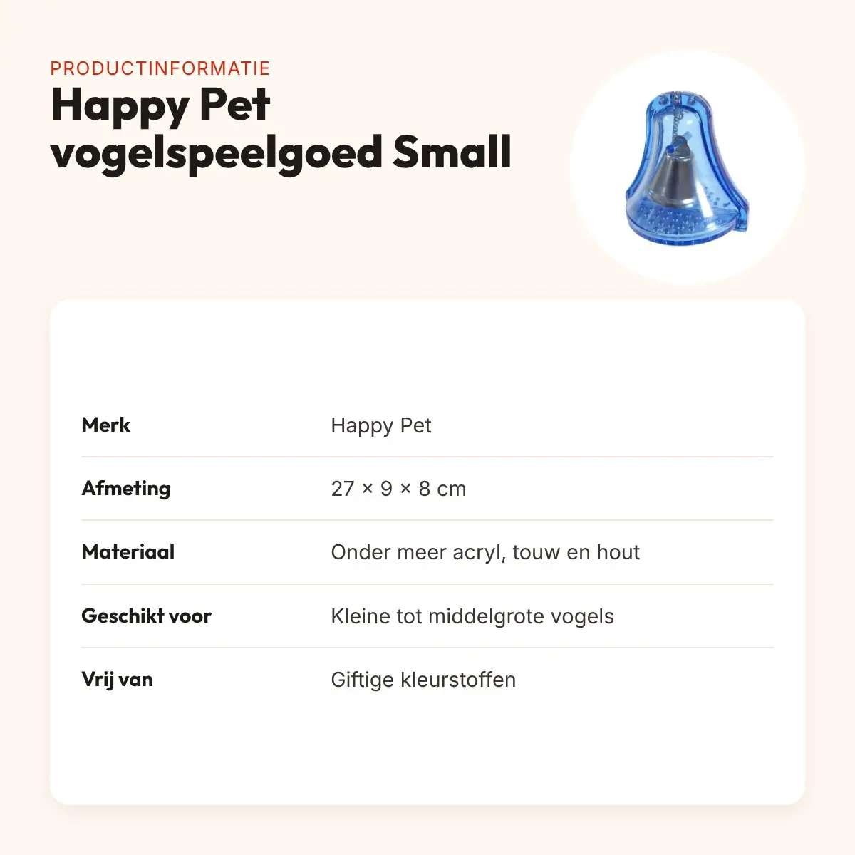 Happy Pet vogelspeelgoed met bel Small 27 x 9 x 8 cm – kleurrijk – productinformatie
