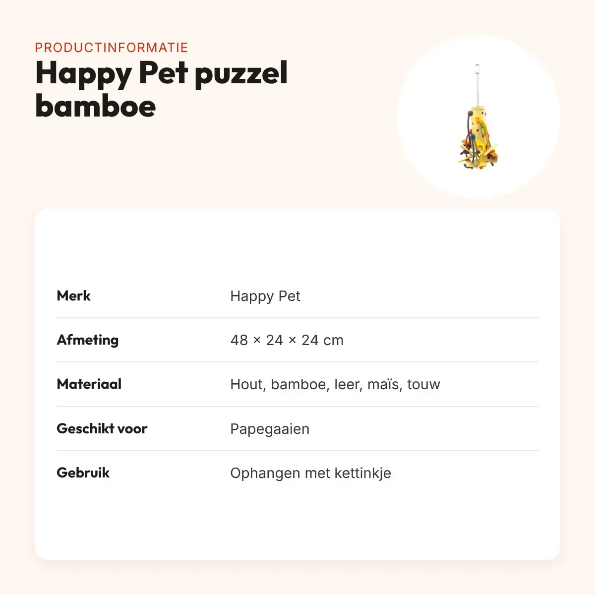 Happy Pet vogelspeelgoed Puzzel bamboe 48 x 24 x 24 cm – kleurrijk – productinformatie