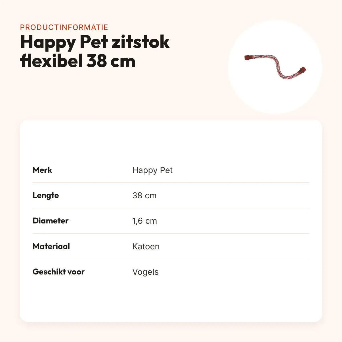 Happy Pet vogelzitstok flexibel katoen 38 cm – diameter 1,6 cm – productinformatie