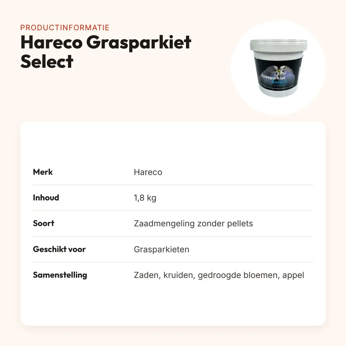 Hareco Grasparkiet Select vogelvoer zonder pellets 1,8 kg – productinformatie