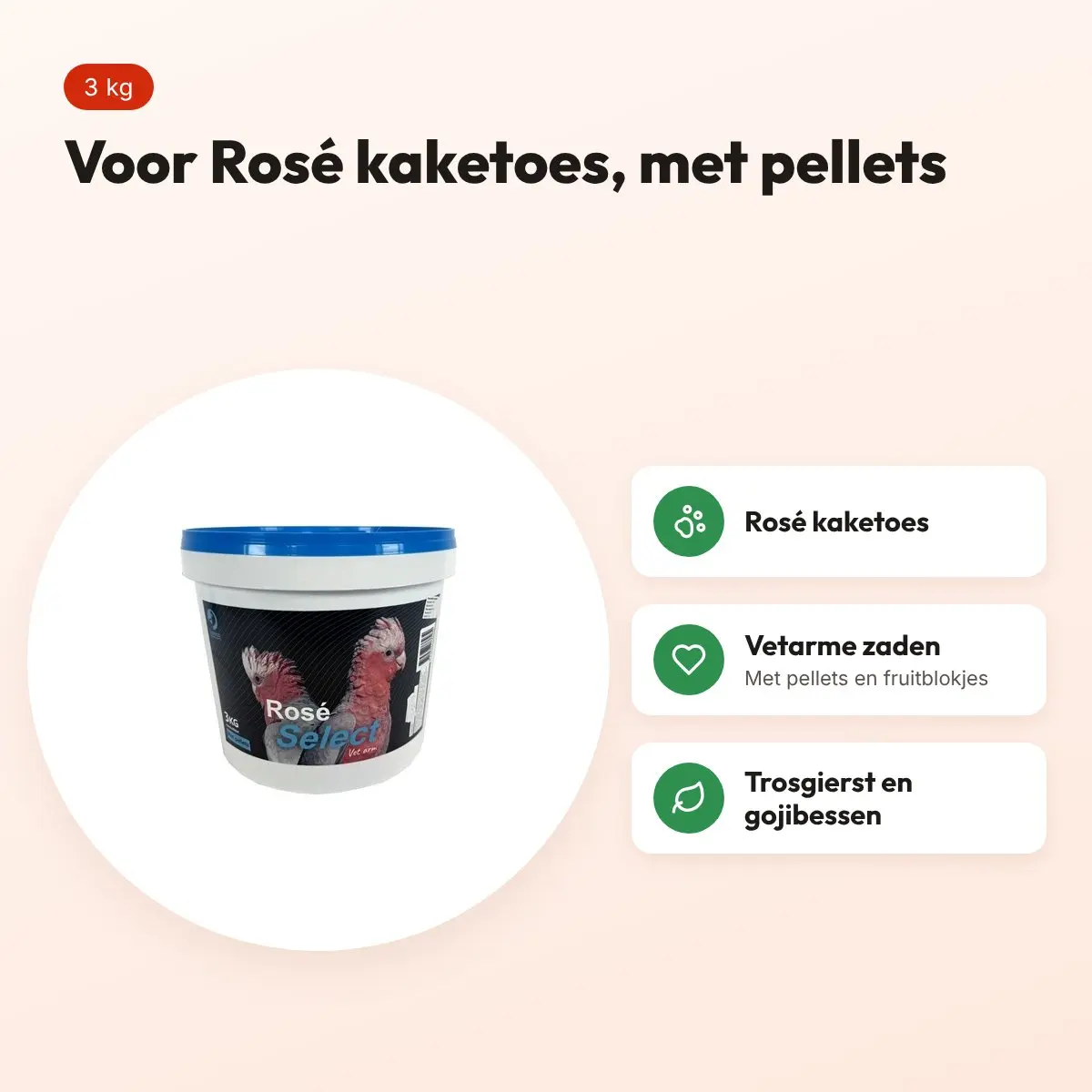 Hareco Rose Select vogelvoer met pellets 3 kg – voor Rosé kaketoes – voordelen