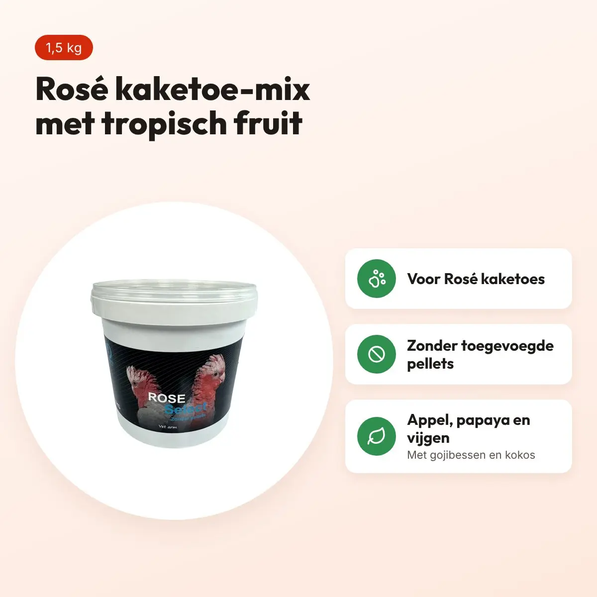 Hareco Rosé Select vogelvoer zonder pellets 1,5 kg – voor Rosé kaketoes – voordelen
