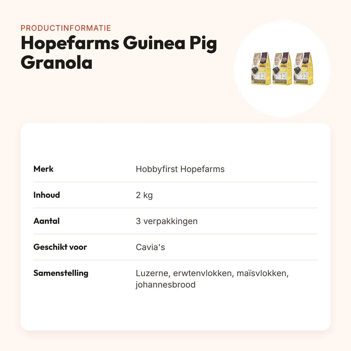 Hobbyfirst Hopefarms Guinea Pig Granola caviavoer 2 kg – multipack 3 stuks – productinformatie