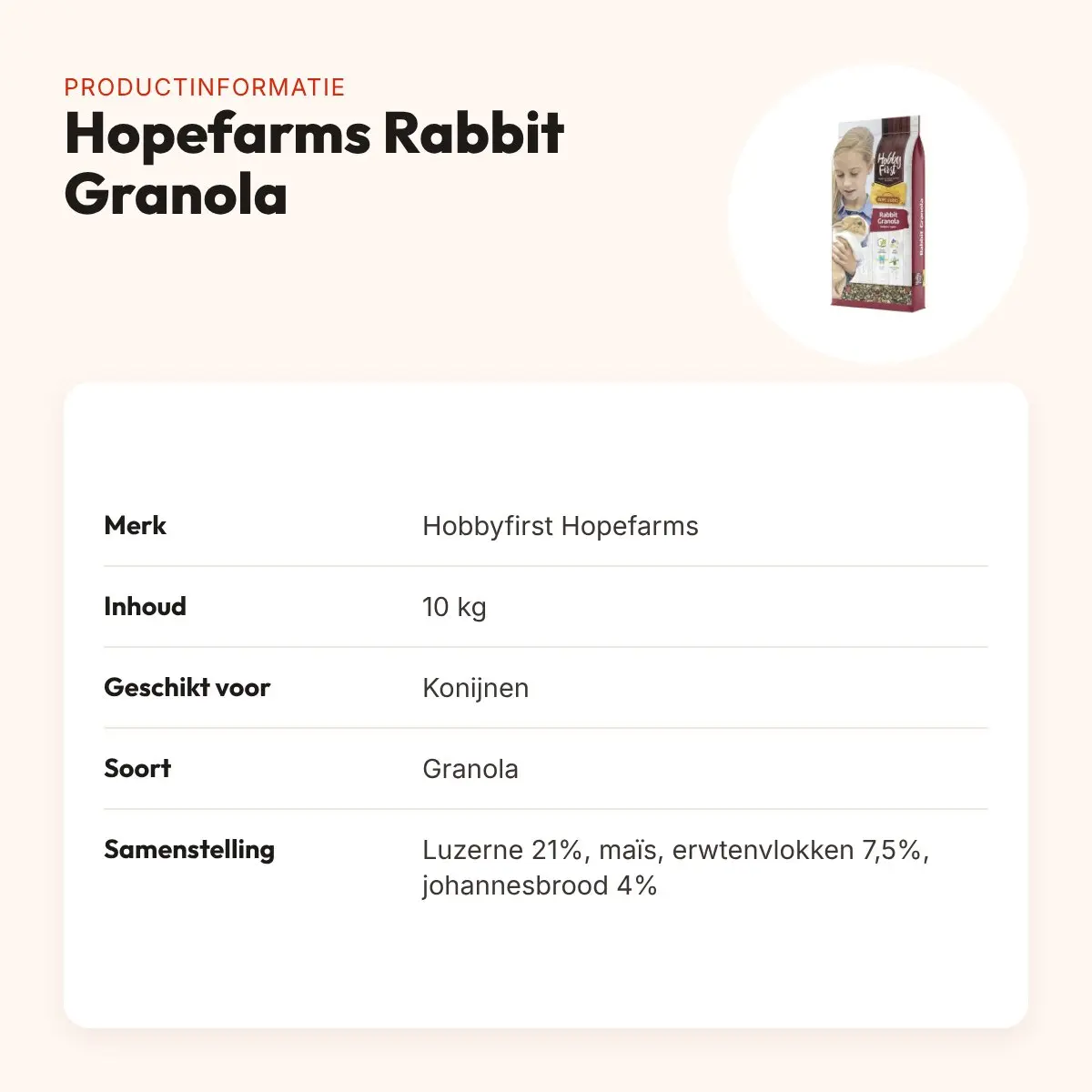 Hobbyfirst Hopefarms konijnenvoer Rabbit Granola 10 kg – groenten – productinformatie