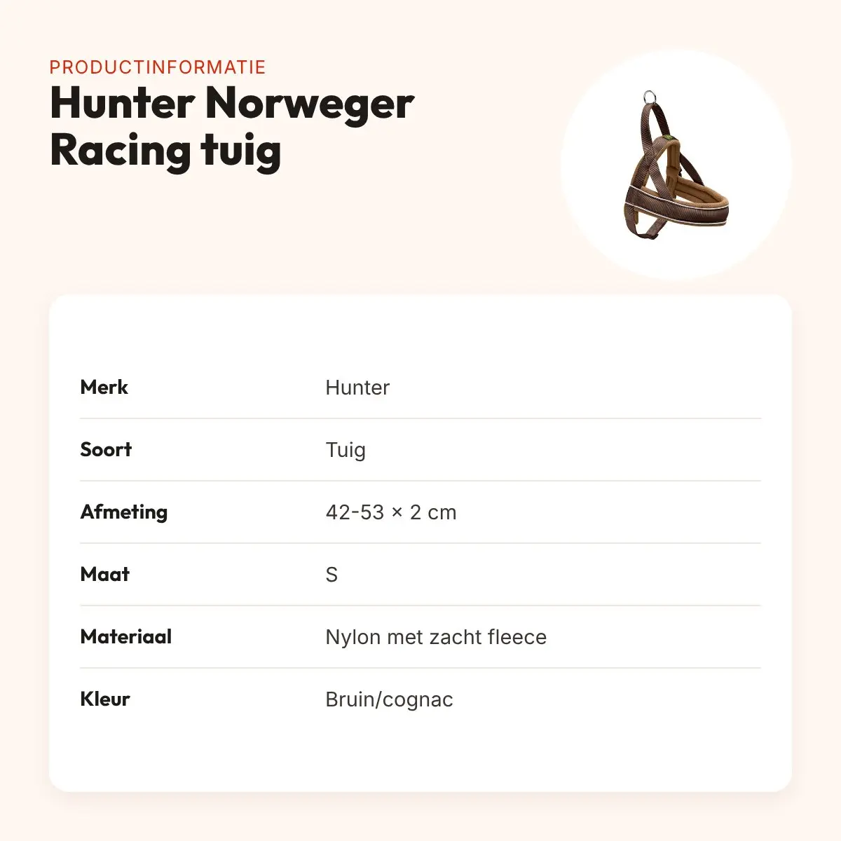 Hunter Norweger Racing hondentuig bruin/cognac S 42-53 cm – fleece – productinformatie