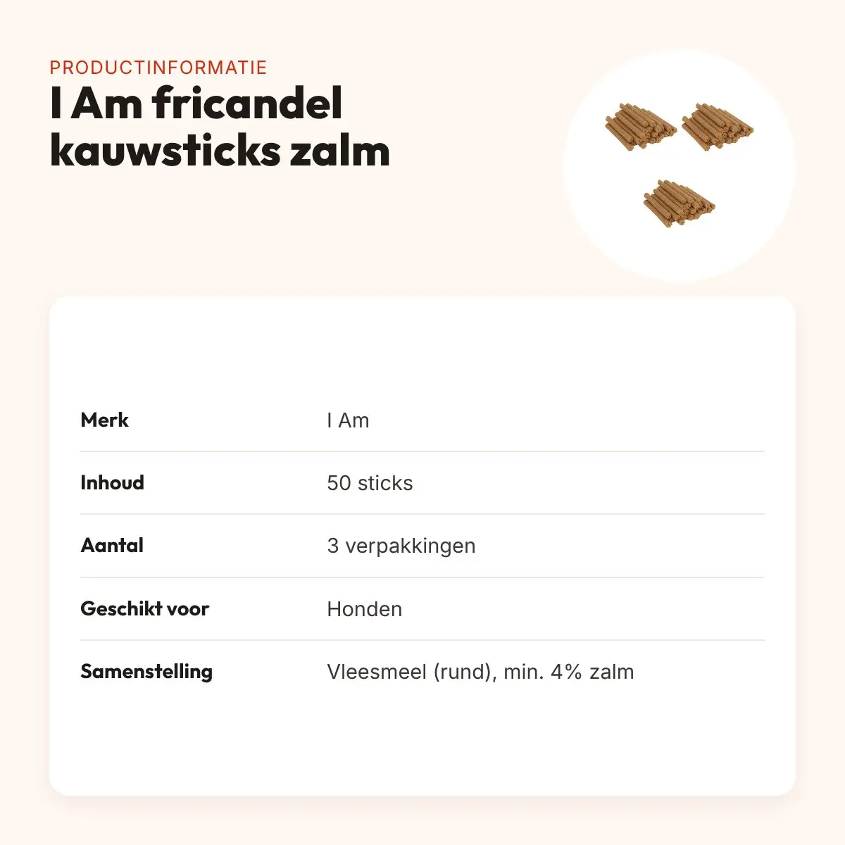 I Am hondenkauwsticks fricandel met zalm – multipack 3 x 50 stuks – productinformatie